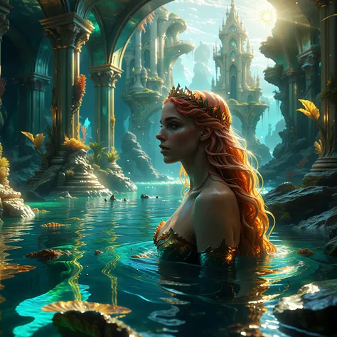 a beautiful mermaid looking at the sunken city of Atlantis under water, ray of sunlight, detailed painterly digital art style by WLOP and Cory Loftis and Greg Rutkowski and Mohrbacher, 8k octane beautifully detailed render, post-processing, extremely hyperdetailed, intricate, epic composition, grim yet sparkling atmosphere, cinematic lighting + masterpiece, trending on artstation, very detailed, vibrant colors, Art Nouveau, god rays <lora:add-detail-xl:0.7>,