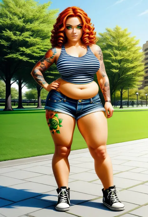solo, sexy chubby curvy middle aged european redhead futanari, pond in background, model pose, green eyes, curly pony tail, full view, denim shorts, dotted tanktop, converse shoes, big boobs, arm tattoos, leg tattoos