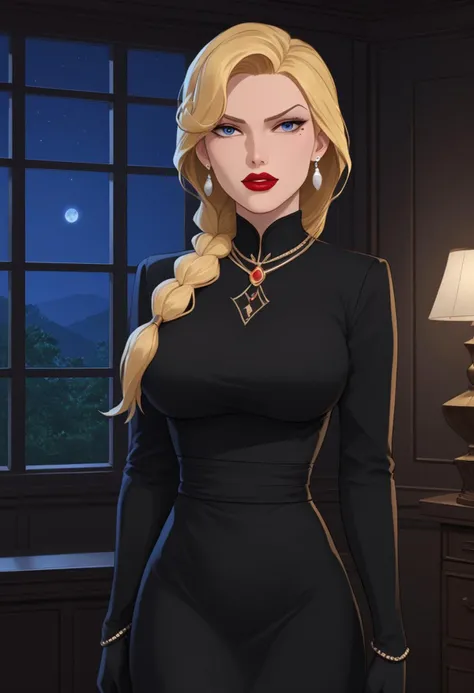 PonyXLV6_Scores,source_anime,masterpiece,best quality, highly detailed,cinematic,unity 8k wallpaper, amazing quality, masterpiece, best quality,  UHD, perfect anatomy,
BREAK
 <lora:helga:0.8>helga, 1girl, solo, blonde hair, lipstick, mole under eye,blue eyes,  mole, jewelry, earrings, makeup, dress, black dress, red lips, gloves, long hair, black gloves, parody,large breasts,single braid,indoors,night, night sky, cowboy shot, dress lift, lingerie,