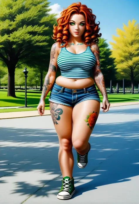 solo, sexy chubby curvy middle aged european redhead futanari, in park, model pose, green eyes, curly ponytail, full view, denim shorts, striped tanktop, converse shoes, big boobs, arm tattoos, leg tattoos