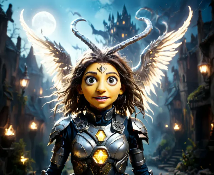 puppet-show\(style\) score_9, score_8_up, score_7_up, score_6_up, (a cinematic shot of a female angel in shining armor ((flying in the air)) with a halo of powerful magic yellow and silver sigils), in front of a giant chthonic spirit covered in neon sparks, hastur, eldritch_abomination, mystic post-apocalyptic medieval village in the background, twilight and blue sky, (reflective light:1.2) Bosstyle, high res image, photograph, masterpiece, high contrast image, god rays, <lora:BossBattleSpiritPony:1>, zPDXLrl, <lora:Puppet-show-XL-V1:.75>