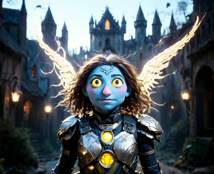 puppet-show\(style\) score_9, score_8_up, score_7_up, score_6_up, (a cinematic shot of a female angel in shining armor ((flying in the air)) with a halo of powerful magic yellow and silver sigils), in front of a giant chthonic spirit covered in neon sparks, hastur, eldritch_abomination, mystic post-apocalyptic medieval village in the background, twilight and blue sky, (reflective light:1.2) Bosstyle, high res image, photograph, masterpiece, high contrast image, god rays, <lora:BossBattleSpiritPony:1>, zPDXLrl, <lora:Puppet-show-XL-V1:.75>