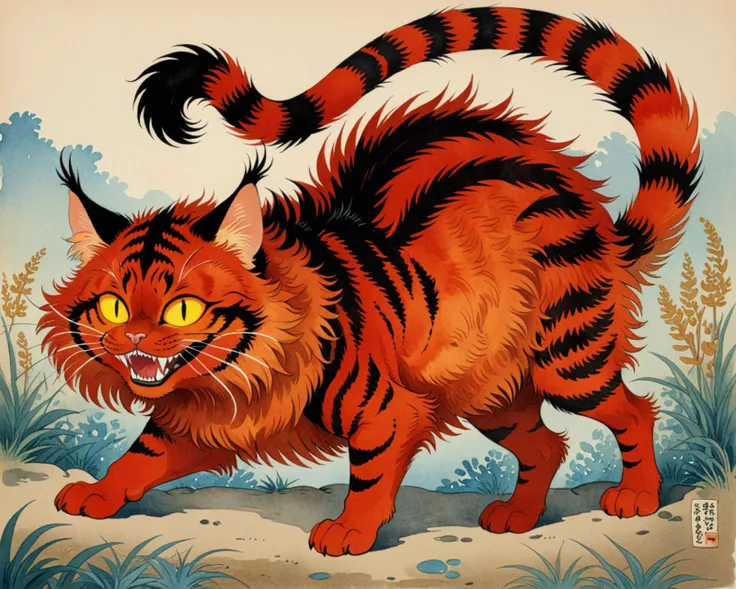 solo quadruped feral cheshire cat, excessive fluff, red body, red fur, yellow sclera, glowing yellow eyes, smirk, open mouth, sharp teeth, (tiger:0.6) BREAK, zoological illustration, watercolor, ukiyo-e, by Louis Wain, by Jean-Paul Riopelle