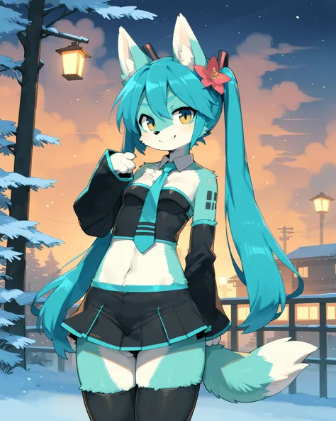 <lora:Z1-Furry-Miku:0.6> hatsune miku, kemono fox, furry-miku, green hair, black short skirt, grey strapless crop top, black detached sleeves, cyan tie, smile, looking at viewer, pose, BREAK, [by Pascale Campion, by Masshiro, by Wkar, by Kame 3:photorealism:0.75], detailed background, detailed foreground, depth of field, ambient silhouette, backlighting, winter, brown light, flower, plant, cloud, orange light, black light