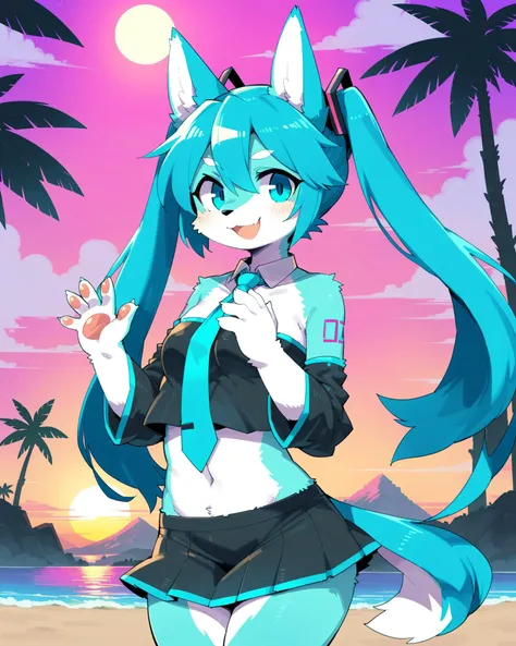 Miku Hatsune,agua&cuerpo blanco, peludo, orejas de kitsune, tatuaje tribal, ropa tribal, paisaje de playa, Eclipse, sensual pose, hincada en la playa, cara sonrojada, feliz, sensual bodysuit