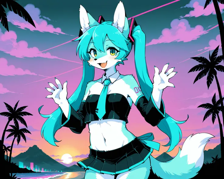 <lora:Z1-Furry-Miku:0.6> hatsune miku, kemono fox, furry-miku, green hair, black short skirt, half-length portrait, grey strapless crop top, black detached sleeves, cyan tie, happy, looking at viewer, waving at viewer, sign, BREAK, vaporwave, synthwave, [by Mucknagabe, by Kame 3:photorealism:0.65], detailed background, detailed foreground, depth of field, ambient silhouette, backlighting, plam, sunset, mountain, beach, yellow light, purple light, cityscape, cloud