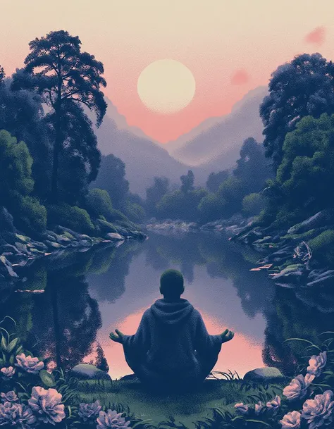 dark poster art, the emotion of serenity as a gentle figure meditating by a tranquil pond, with soft pastel colors and harmonious surroundings