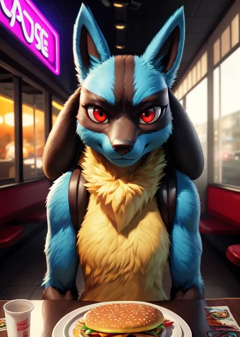 uploaded on e621, ((by Darkgem, by Dan Mumford, by Foxovh)),
solo girly ((lucario)) with ((blue body)) and ((yellow neck tuft)) and (blue tail) and ((clear red eyes)),
(nude, half-length portrait, front view, looking at viewer:1.25),
BREAK,
((sitting at fast food restaurant with hamburger dinner)), (neon light, window, desk, fog, night, inside),
(detailed background, depth of field, half body shadow, sunlight, ambient light on the body),
(masterpiece, best quality, ultra realistic, 4k, 2k, (high detail:1.3), film photography,
(3d \(artwork\):1.2), blender \(software\), (soft focus:1.1), ray tracing, (unreal engine:1.3),
RAW photo, photorealistic, analog style, subsurface scattering, photorealism, absurd res)