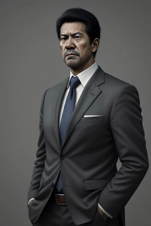 best quality,masterpiece,(realistic:1.2)quality,realistic,masterpiece,Highly detailed,1boy,office man,adult,asian,black hair,suit,standing,hand in pocket,grey_background,moody lighting,full_shot,frontlight,highres,absurdres,incredibly_absurdres,huge_filesize,