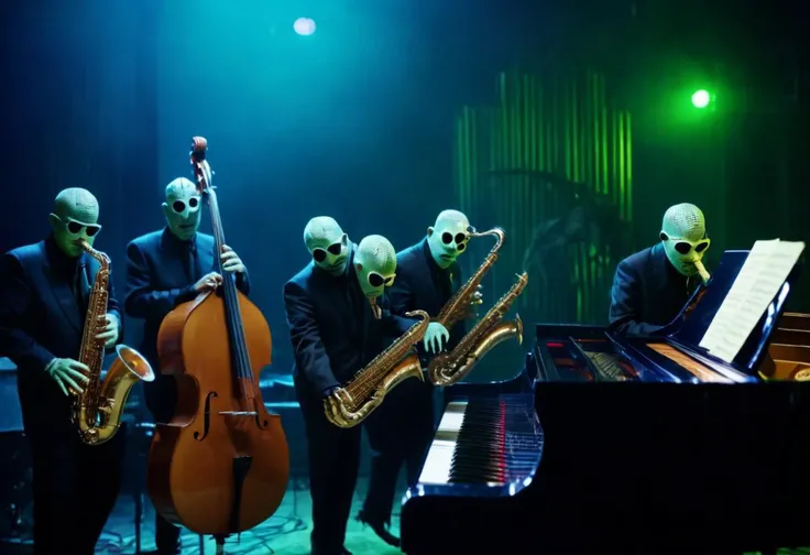 A cinematic still photograph of four strange DICINODONTE creatures, playing in a jazz quartet sax, piano, bass, drums ,badquality, low quality, Brazilian Tropicália cyberpunk retrofuturism