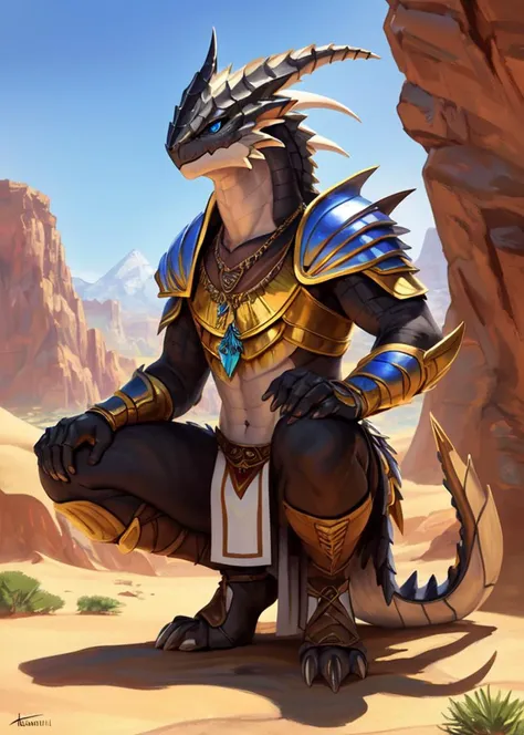 uploaded on e621, ((by Robert McCall, by Joaqun Sorolla, by Hermenegildo Anglada Camarasa, by Adrian Ghenie)),
solo male feral ((kushala daora)) with ((grey black and yellow body)) and ((clear blue eyes)), 
(((detailed kushala daora))), ((half-length portrait)),
((wear white and golden armor and loincloth and pendant)),
 BREAK,
 ((crouching at wildland desert with mountain and rock on morning)),
(detailed background, depth of field, half body shadow, sunlight, ambient light on the body),
(intricate:1.1), (high detail:1.2), (soft focus), [explicit content, questionable content], (masterpiece, best quality, 4k, 2k, shaded, absurd res)