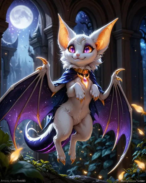 chibi toony feral lunala bat, white fur, flying, high collar cloak, fluffy, translucent skin, half-length portrait, \:\3, membrane wings, spreading wings, BREAK, by Fossa666, by Kathryn Morris Trotter, unreal engine, detailed background, detailed foreground, depth of field, ambient silhouette, backlighting, fantasy, ambient firefly