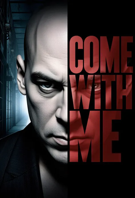 A dramatic poster with a split design: on the left, a close-up of Hannibal Lecter wearing his iconic mask, staring menacingly. His face is partially shadowed, enhancing his sinister look. The background features a dimly lit prison with metal bars and a cold, unsettling atmosphere. On the right, large bold text reading "come with me" covers half the poster, set against a dark background to create contrast. The overall tone is eerie and suspenseful, with a muted color palette emphasizing reds, blacks, and greys.