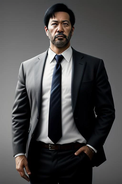 best quality,masterpiece,(realistic:1.2)quality,realistic,masterpiece,Highly detailed,1boy,office man,adult,asian,black hair,suit,standing,hand in pocket,grey_background,moody lighting,full_shot,frontlight,highres,absurdres,incredibly_absurdres,huge_filesize,