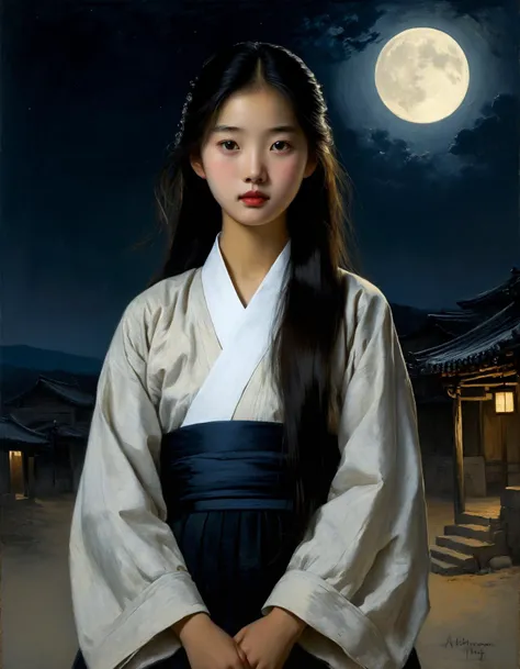 Minimalist painting of an Korean princess wearing an black and white hanbok by Albert Lynch, Abbott Handerson Thayer, highly detail, best quality, standing in an old Korean village, full moon, night, innocent, serene, pale skin, brown eyes, long flowing black hair, ultra detailed, romantic, Rembrandt lighting