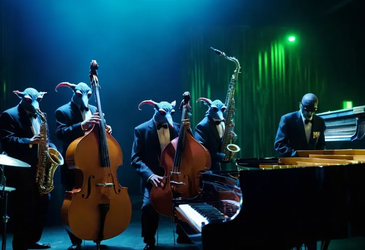 A cinematic still photograph of four strange DICINODONTE creatures, playing in a jazz quartet sax, piano, bass, drums ,badquality, low quality, Brazilian Tropicália cyberpunk retrofuturism