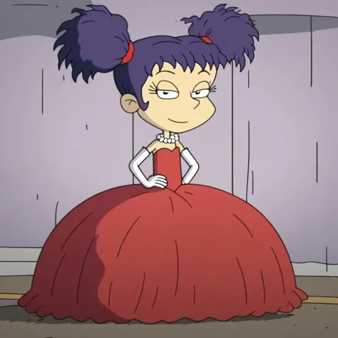 1girl, solo, kimi_finster, purple hair, twin tails, white skin, princess make up, Very long large floor length wide straight tulle red long sleeved ball gown hoop skirt, Sweetheart v neckline ball gown hoop skirt, red princess dress, hoopdress, white pearl necklace, my big princess gypsy wedding dress, ballgown, a girl in a dress posing like a princess for a picture, looking at viewer, pretty eyes, she is posing, she is posing like a quinceanera model, half closed eyes, closed mouth, hands on hips