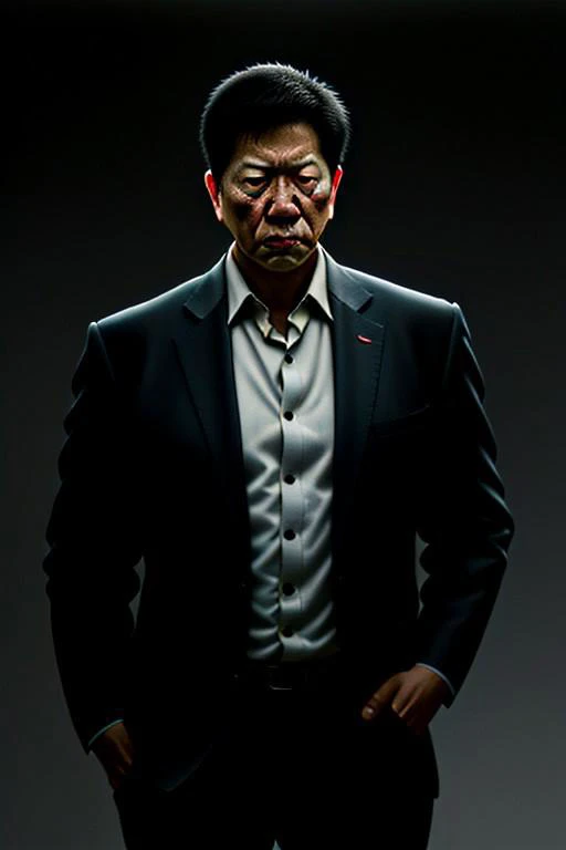 best quality,masterpiece,(realistic:1.2)quality,realistic,masterpiece,Highly detailed,1boy,office man,adult,asian,black hair,suit,standing,hand in pocket,grey_background,moody lighting,full_shot,frontlight,highres,absurdres,incredibly_absurdres,huge_filesize,