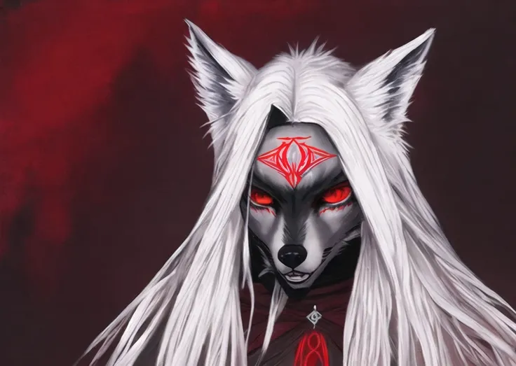 furry wolf woman,, medieval painting, oil painting, perfect man, realistic warrior, white hair, red eyes, face portrait, round eyes, styled like bloodborne bye fromsoftware, dark red background,