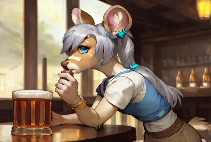 uploaded on e621, by Pino Daeni, by Ruan Jia, by (honovy:1.3), by Alayna Lemmer, by Carlo Galli Bibiena, solo A tan anthropomorphic deer with grey hair and ponytail, brown ears and blue eyes and white shirt drinking a yellow beer in a white table, blurry tavern background and (pink and blue natural lighting:1.1)<hypernet:bad-artist:1>