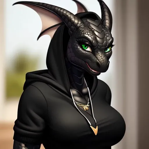 8k,RAW photo,photorealistic,furry,female, (black dragon:1.1),head fins, (black scales:1.2),hoodie,shorts,scales,green eyes,earrings, necklace, wristband,