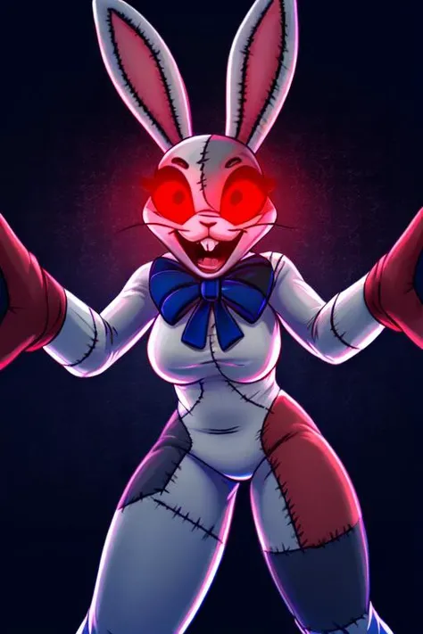 Vanny, anthro, 1girl, cute, <lora:Fnaf_Vanny:1> , rabbit ears, red eyes, detailed eyes, patchwork costume, one red glove, black pupils, bunny tail, open mouth, bunny teeth, blue bow, bunny teeth, reaching towards viewer, dark background, menacing, glowing eyes, medium breasts,
