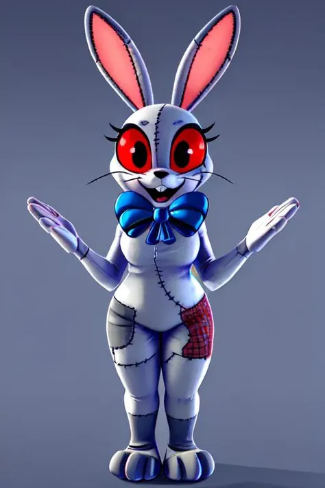((Disney, Disney Style, Anime, , , high details, detailed and intricate, intricate details, high intricate details, absurd amount of details)), Vanny, anthro, 1girl, cute, <lora:Fnaf_Vanny:1> , rabbit ears, red eyes, detailed eyes, patchwork costume, one red glove, black pupils, bunny tail, open mouth, bunny teeth, blue bow, bunny teeth, detailed hands,, Deep Focus, Eye Level Shot