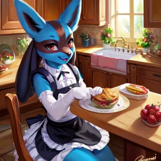 8k, ((masterpiece)),best quality, (max quality),high resolution,high details,max details,detailed background,detailed clear eyes and pupils,lucario, (sits on the table with legs dangling), maid uniform,kitchen,by Chunie,by personalami