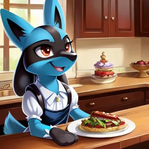8k, ((masterpiece)),best quality, (max quality),high resolution,high details,max details,detailed background,detailed clear eyes and pupils,lucario, (sits on the table with legs dangling), maid uniform,kitchen, by smitty g, by pino daeni
