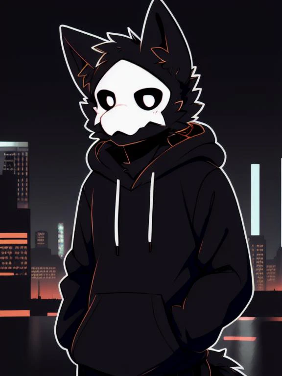 by zackary911, (coffeesoda:1.1), hioshiru, puro, anthro, male, solo, clothing, fur, 2022, black clothing, hoodie, black topwear, lidded eyes, black hoodie, cyberpunk city background, <lora:cutie_puro-000020:0.6>