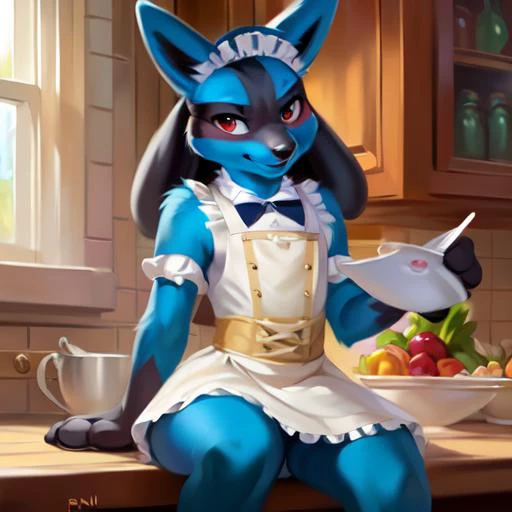 8k, ((masterpiece)),best quality, (max quality),high resolution,high details,max details,(detailed Chunie lighting),detailed face, detailed clear eyes and pupils,lucario, (sits on the table with legs dangling), maid uniform,kitchen,by Chunie, by smitty g,by pino daeni,by personalami