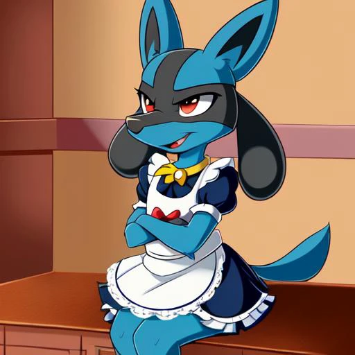 8k, ((masterpiece)),best quality, (max quality),high resolution,high details,detailed background,detailed clear eyes and pupils,lucario, sits on a table with legs dangling, maid uniform,kitchen,by smitty g