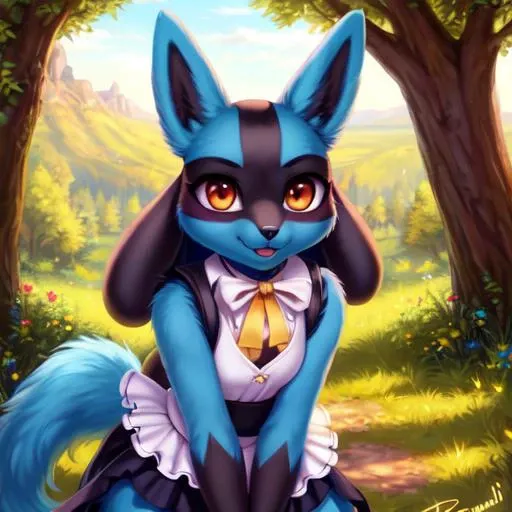 8k, ((masterpiece)),best quality, (max quality),high resolution,high details,detailed clear eyes and pupils,maid lucario,  by personalami