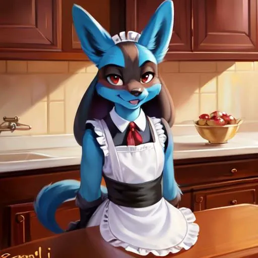 8k, ((masterpiece)),best quality, (max quality),high resolution,high details,max details,detailed face, detailed clear eyes and pupils,lucario, (sits on the table with legs dangling), maid uniform,kitchen,by Chunie, by smitty g,by personalami,by honovy