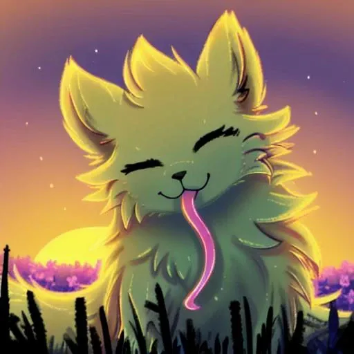 (Slugcat, <lora:SaintRainWorld:1>, SaintRainWorld, Sain, fluff, long tongue, tongue sticking out, eyes closed, very fluffy, happy, lots of fur, feral, quadrupled, cute face), (Landscape, hills, evening, sunset, grass, flowers, good vibes), beautiful view, looking at viewer, natural light, masterpiece, high quality, illustration, pleasant view, main focus on character, very close to viewer, soft colors, light reflecting fur, artwork