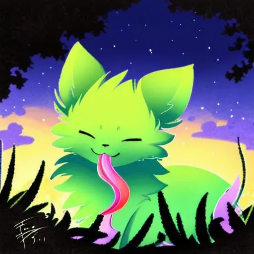 (Slugcat, <lora:SaintRainWorld:0.9>, SaintRainWorld, Sain, green_fur, fluff, long tongue, eyes closed, very fluffy, simple design, lots of fur, feral, quadripled), horizon, looking at viewer, sun, daylight, natural light, masterpiece, high quality, illustration, beautiful atmosphere, vibrant colors, pleasant view, green land, forest, flowers, simple background, pleasant day, main focus on character, cartoony, very close to viewer, simple drawing