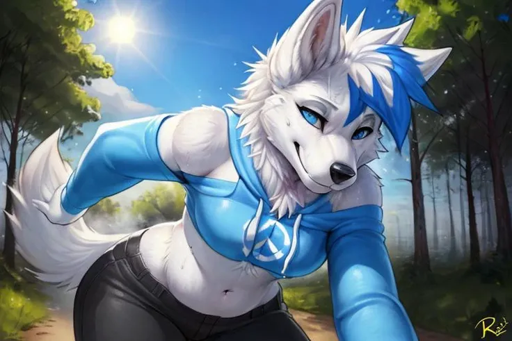 masterpiece, by ((rajii)), pixelsketcher, best quality, thick lines, perfect lighting, intricate, incredible detail, highly detailed, impasto perfectionism, female Peacewolf,<lora:Peacewolf:1>, anthro furry arctic white wolf, a cartoon wolf with a blue peace sign on it's chest and a white tail, white hair, white fringe with blue streak, clear blue eyes, white canine, pants, (foreshortening), (extreme closeup), (seductive pose, dynamic pose:1.3), female, breasts, neck fur tuft, (wide hips:1.1), (detailed dark park at night, going on a run), (trees, lake), (skin folds:1.3), (thin waist:1.1), (dimly lit:1.3) (small shoulders:1.2), confident, (fluffy fur texture), glossy body, (sweat:1.2), (beautiful face), ((solo)), (steam:1.2), (crop top hoodie), (bare shoulders), (long sleeve) shiny, skindentation, smooth, intricate detail, professionally retouched, natural lighting, realistic, light particles, fine fabric emphasis, masterpiece, 2k, 4k, 8k, high quality, realistic, hdr, colorful, trending on ArtStation, trending on CGSociety, High Detail, Sharp focus, dramatic, photorealistic