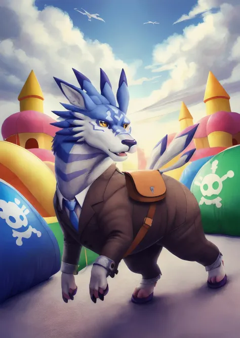 masterpiece, best quality, weregarurumon, Beautiful Art Style, suit with handbag, dimensional, bouncy castle, , <lora:WeregarurumonFRL18_50:0.8> <lora:Stallion-10:1.2>