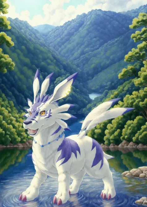masterpiece, best quality, weregarurumon, Beautiful Art Style, beaded, luminous, lake, wakamezake, <lora:WeregarurumonFRL18_50:1> <lora:Stallion-10:1.2>