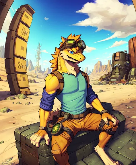 (solo, anthro, male, full length portrait:1.2), (detailed background:1.2), (night stalker \(fallout\):1.2), <lora:NightstalkerFRL22nO:1> long tail, (snake:1.2), coyote, (mane:1.1), (slim:1.1), (slightly chubby, :1.1) (long snout:1.2), (detailed scales:1.1), by dacad, by 0r0ch1, colored sketch, outline, digital media \(artwork\), (digitigrade:1.2), (sitting with elbows on knees:1.2), (fully clothed, fantasy guard outfit:1.0), (post-apocalyptic:1.0), (wasteland:1.1), (retro, vintage,goggles:1.3), colorful, (fisheye lens:1.1),