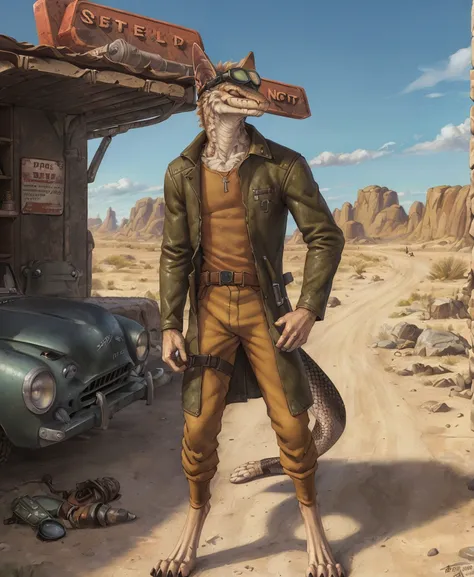 (solo, anthro, male, full length portrait:1.2), (detailed background:1.2), (night stalker \(fallout\):1.2), <lora:NightstalkerFRL22nO:1> long tail, markings, (snake:1.2), (mane:1.1), (very tall, athletic:1.2), (long snout:1.2), (detailed scales:1.1), by difetra, by personalami, by blotch, shaded, outline, traditional media \(artwork\), (digitigrade:1.2), (on all fours:1.2), (fully clothed, waiter, restaurant:1.0), (post-apocalyptic:1.1), (wasteland:1.0), (night vision goggles,goggles,streamline moderne style,leather coat,retro, vintage:1.1), colorful, (realistic, :1.3) (parking garage:1.0)