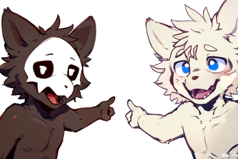 (by zackary911, by coffeesoda, by hioshiru, by braeburned, by meesh), puro, <lora:soyjacks:1>, <lora:meme:1>, (soyjacks, pointing, close-up, :o, duo, 2boy), upper body, open mouth, nude, simple background, white background, <lora:puro-v1-fluffyrock:1>