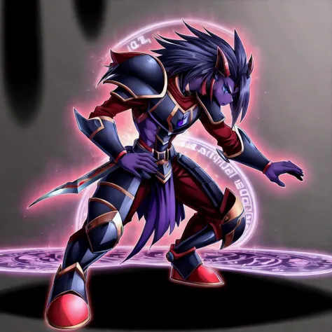 <lora:yugioh:1> (best quality:1.1), (masterpiece:1.2), anime, anime accurate, high-quality shadow, beautiful detailed, (high detailed skin, skin details), Violet skin, Purple  black, red, and Dark Blue robes, Purple a black, red, and dark Blue tunic, Blue eyes, Purple black, red and Dark Blue Cap, choker, Purple, black, red and dark Blue gloves, Purple black, red and Armor, Black  background with Violet Magic Circle, Full Body, Fusion between Magician of Black Chaos or Dark Magician of Chaos, and Buster Blader, A Scepter with Sword Blade on top, 1boy, Solo, male, human, black Long  spiky hair with dark blue hair streaks, Yugioh style, Yugioh Monster, Highly Detailed, 5 fingers,
