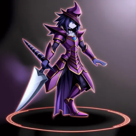 <lora:yugioh:1> (best quality:1.1), (masterpiece:1.2), anime, anime accurate, high-quality shadow, beautiful detailed, (high detailed skin, skin details), Violet skin, Purple black, red, and Dark Blue robes, Purple a black, red, and dark Blue tunic, Blue eyes, Purple black, red and Dark Blue Cap, choker, Purple, black, red and dark Blue gloves, Purple black, red and Armor, Black background with Violet Magic Circle, Full Body, Fusion between Magician of Black Chaos or Dark Magician of Chaos, and Buster Blader, A Scepter with Sword Blade on top, 1boy, Solo, male, human, black Long spiky hair with dark blue hair streaks, Yugioh style, Yugioh Monster, Highly Detailed, 5 fingers,