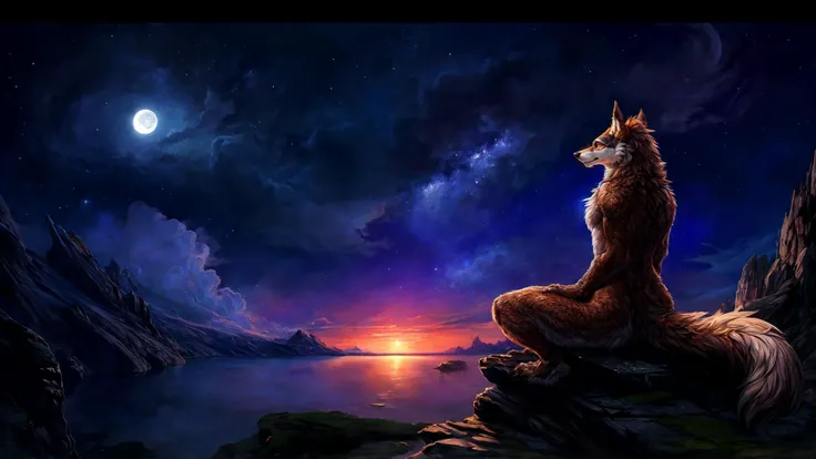 photorealism, hi res, ((raw photo, masterpiece))
, night, (moon), starry sky, Milky Way, lake,   (high quality detailed Silgiriya Mantsugosi background), (panoramic view:1.3), (Extreme long shot:1.3)
,  (anthro female wolf) sits on a stone, (detailed fur:1.3)
, (detailed lighting), (cinematic lighting), [detailed ambient light], [gray natural lighting], sharp focus
,  by Lostgoose,( by Android Jones:1.2), by Ross Tran, by foxovh
, <lora:Detail Tweaker LoRA v1:0.7>