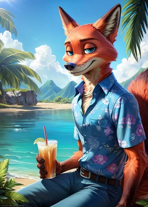 uploaded on e621, (by Homogenousrule, by Wildering, by Foxovh, by Catcouch),
solo (((nick wilde), neck tuft, fluffy tail, blue eyes)),
((hree-quarter portrait)), ((wear blue hawaii floral shirt with grey blue pants)),
BREAK
((sitting at island with plant and water on sunny day, white boat, beverage)),
(detailed background, depth of field, half body shadow, sunlight, ambient light on the body),
(intricate:0.7), (high detail:1.3), (unreal engine:1.3), (sharp focus:1.15),
[explicit content, questionable content], (masterpiece, best quality, 4k, 2k, shaded, absurd res)