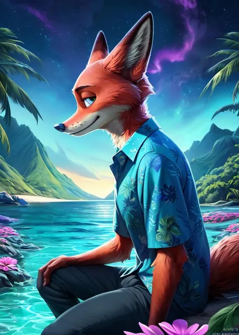 (by Homogenousrule, by Wildering, by Foxovh, by Catcouch),
solo (((nick wilde)) wear blue hawaii floral shirt with grey blue pants),
(sitting, half-length portrait, three-quarter view, looking at viewer:1.25),
(island beach, night, glowing water:1.3), (flower, plant, nebula, mountain, vaporwave),
BREAK,
(detailed background, depth of field, half body shadow, ambient light on the body),
masterpiece, best quality, 4k, 2k, (intricate:0.9), (high detail, shaded, realistic:1.25), absurd res