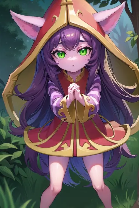 lollulu, <lora:lulu-lora-nochekaiser:1>,
lulu, long hair, bangs, animal ears, (green eyes:1.5), purple hair, colored skin, purple skin,
BREAK long sleeves, hat, dress, red dress, red headwear, ears through headwear, striped sleeves, yordle,
BREAK looking at viewer, full body,
BREAK outdoors,
BREAK <lyco:GoodHands-beta2:1>, (masterpiece:1.2), best quality, high resolution, unity 8k wallpaper, (illustration:0.8), (beautiful detailed eyes:1.6), extremely detailed face, perfect lighting, extremely detailed CG, (perfect hands, perfect anatomy),