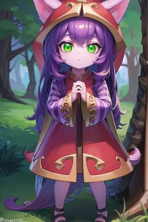 lollulu, <lora:lulu-lora-nochekaiser:1>,
lulu, long hair, bangs, animal ears, (green eyes:1.5), purple hair, colored skin, purple skin,
BREAK long sleeves, hat, dress, red dress, red headwear, ears through headwear, striped sleeves, yordle,
BREAK looking at viewer, full body,
BREAK outdoors,
BREAK <lyco:GoodHands-beta2:1>, (masterpiece:1.2), best quality, high resolution, unity 8k wallpaper, (illustration:0.8), (beautiful detailed eyes:1.6), extremely detailed face, perfect lighting, extremely detailed CG, (perfect hands, perfect anatomy),