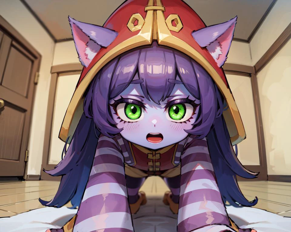 masterpiece, best quality, highly detailed
,,,full body, embarrassed, blsuh, indoors, simple background, heavy breathing, steam,open mouth,
,,
,,<lora:lulu-lora-nochekaiser:1.0>,,lulu, long hair, bangs, animal ears, (green eyes:1.1), purple hair, colored skin, (purple skin,dark skin:1.2)
,,long sleeves, hat, dress, red dress, red headwear, ears through headwear, striped sleeves, yordle,
,,, all fours, pov sex,